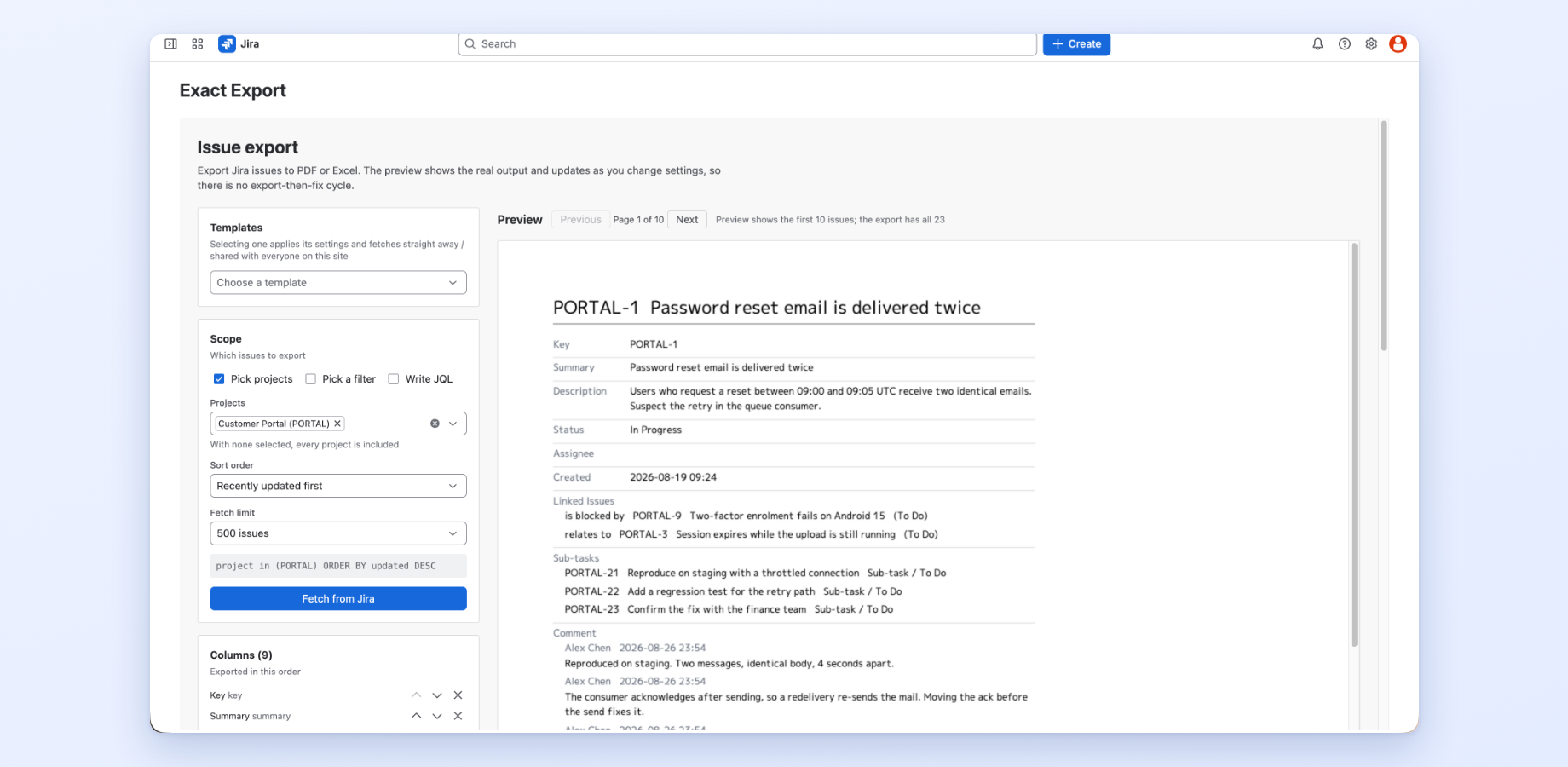 Settings on the left, the real single-work-item PDF on the right. Both panes stay in step as you edit.
