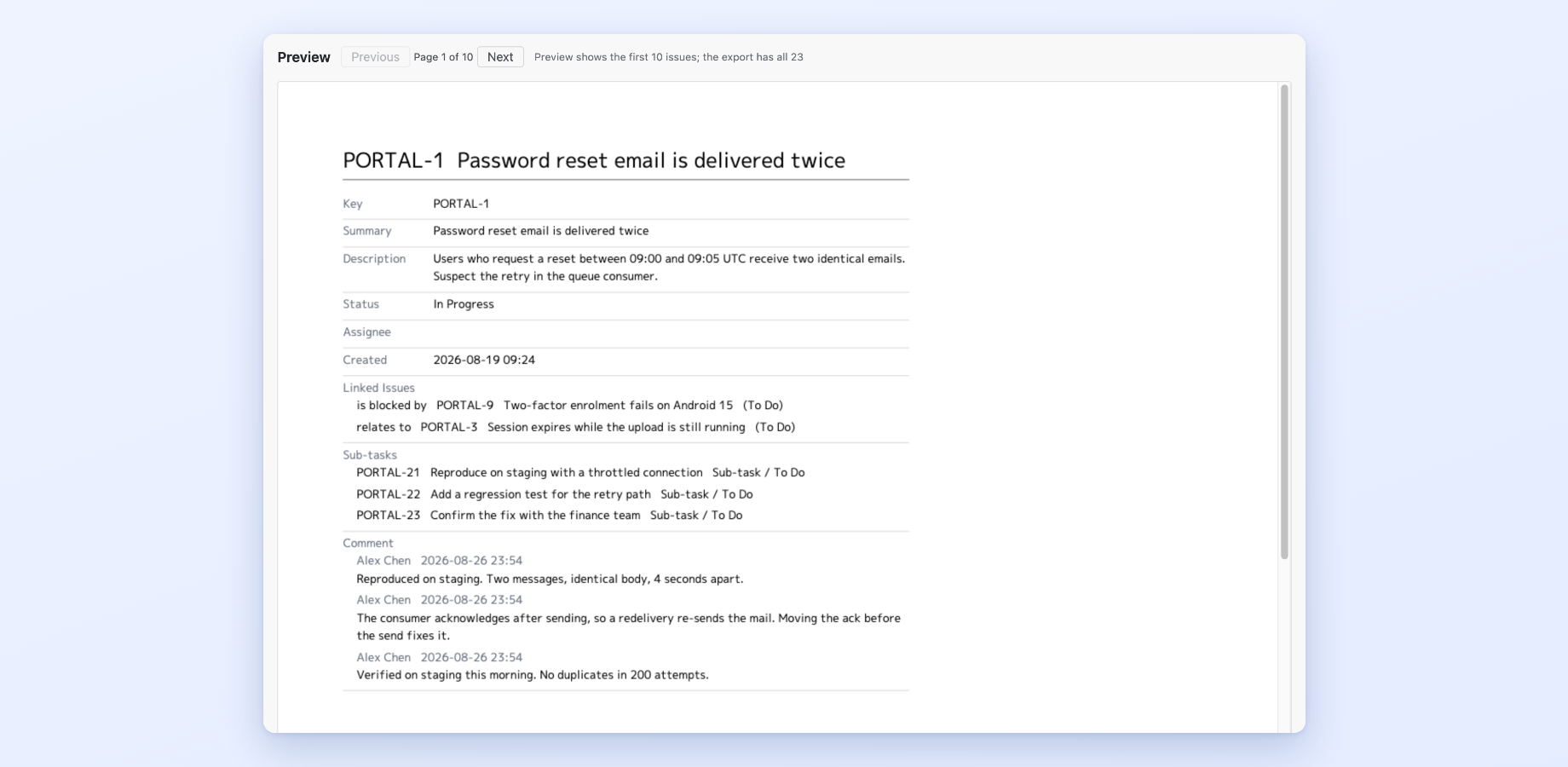 A single work item printed to PDF, with its linked issues, subtasks and comments listed underneath the fields.