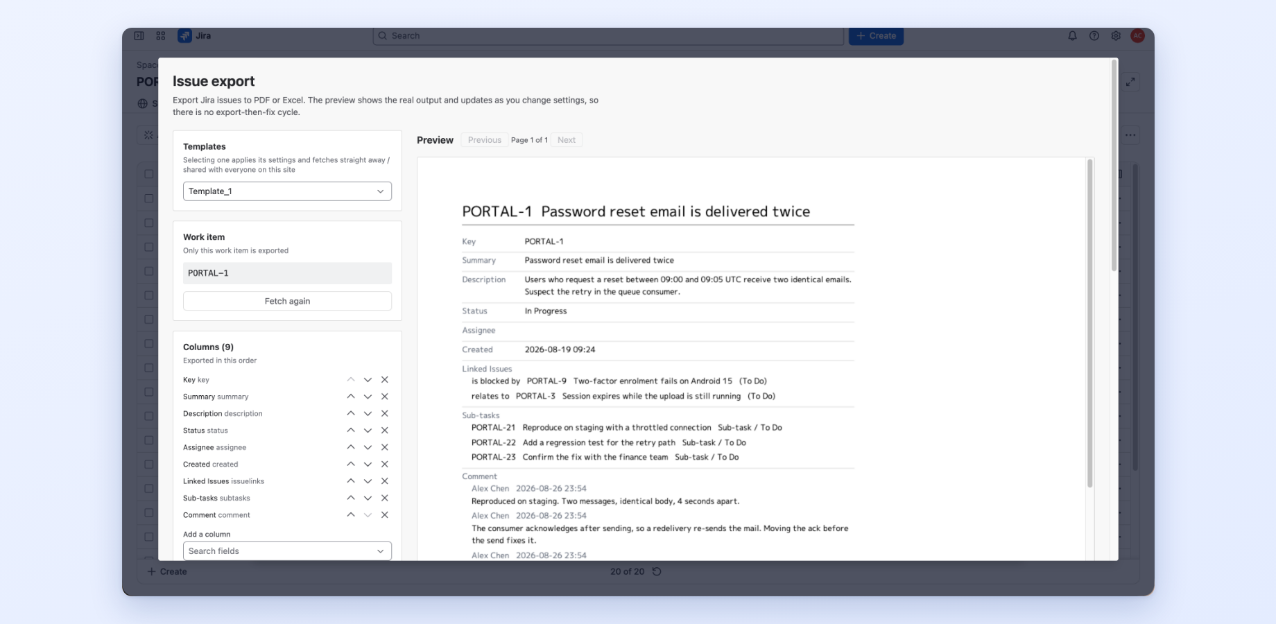 The Export panel inside a Jira work item. Applying a saved template exports that one item without leaving the page.